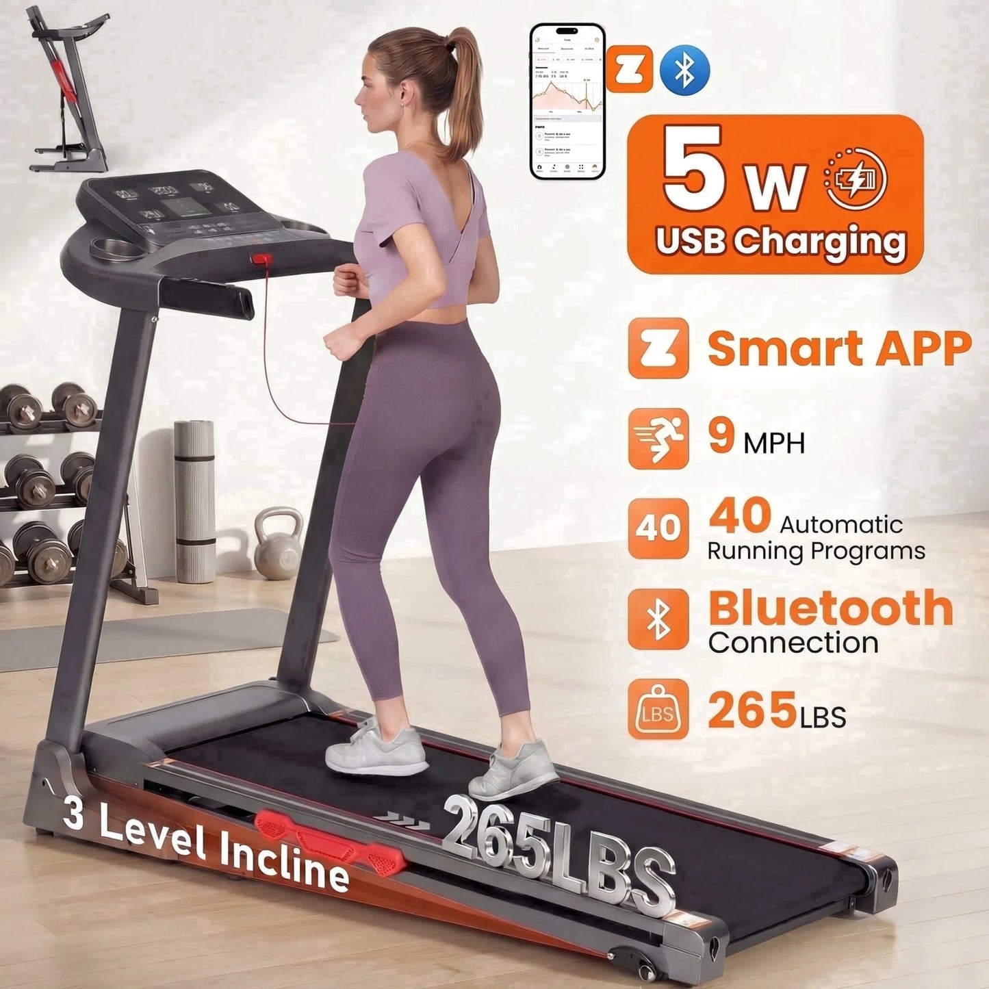 Treadmill for Home with 3 Level Manual Incline Smart APP USB Charging Foldable Running Electric Treadmill Gym
