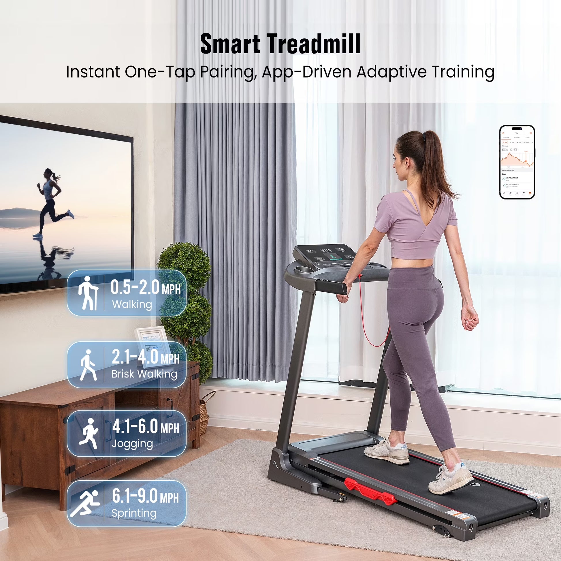 Treadmill for Home with 3 Level Manual Incline Smart APP USB Charging Foldable Running Electric Treadmill Gym
