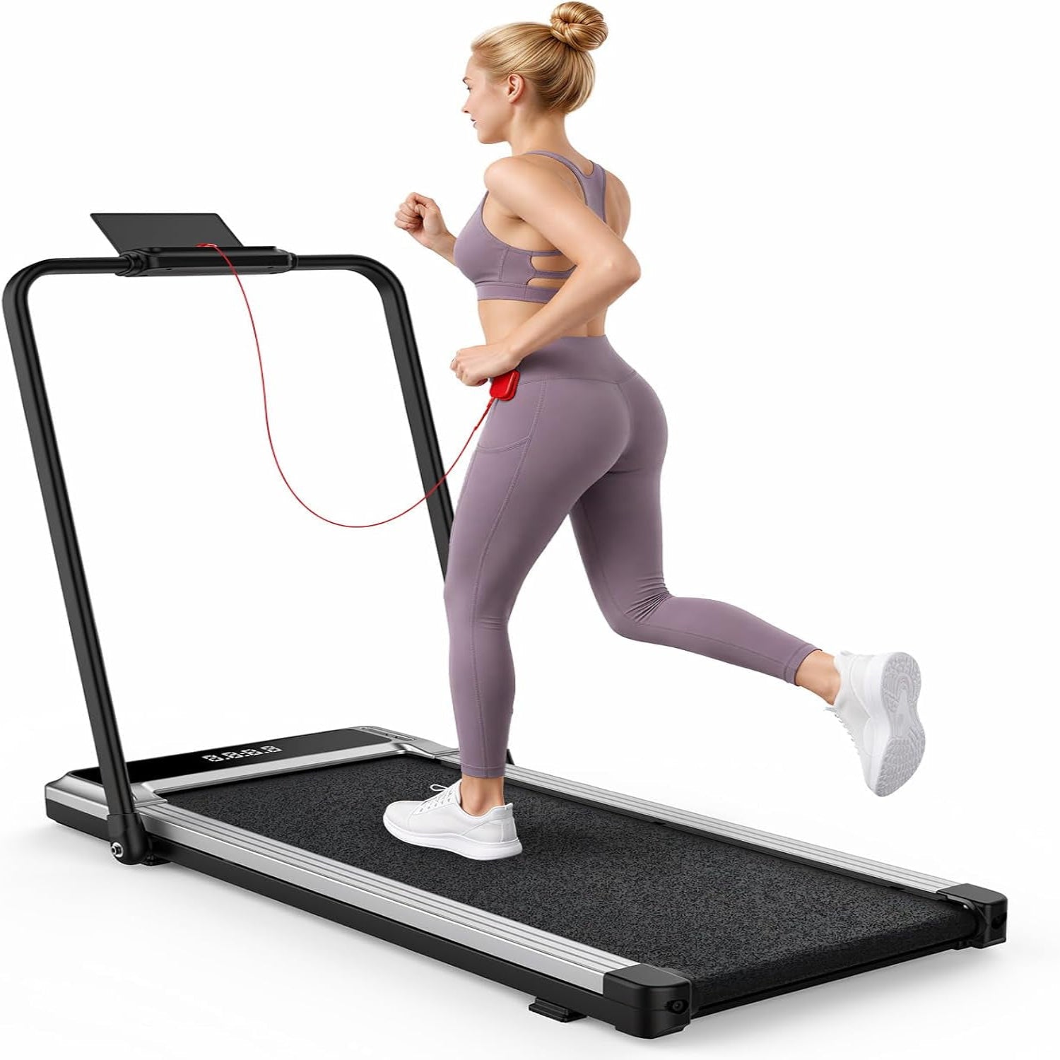 Foldable Walking Pad Treadmill for Home Office with Handle Bar, 3-In-1 Portable Treadmill under Desk, Low Noise Operation, Remote Control & LED Display, Black